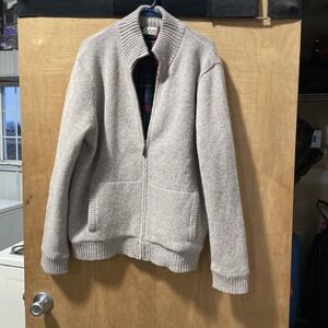 L.L. Bean Full Zip Cardigan Sweater Beige Lambswool Knit Lined Regular Mens L